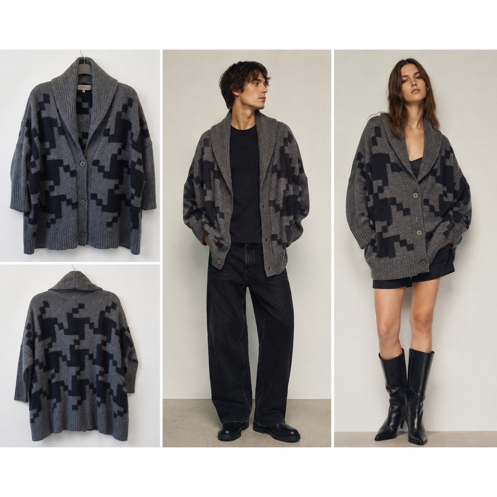 Uterque‎ Grey Black Geometric Houndstooth Shawl Collar Oversized Cardigan S 26